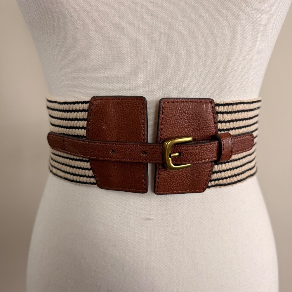 LOFT Wide Elastic Waist Belt Brown Faux Leather Buckle Ivory Striped M/L NWT